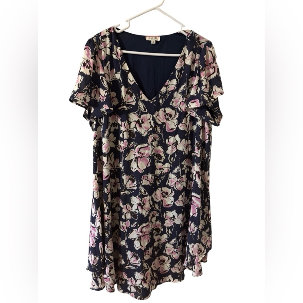 Classy Andrew Navy and Pink Floral Midi Dress. Size 1X NWOT!
